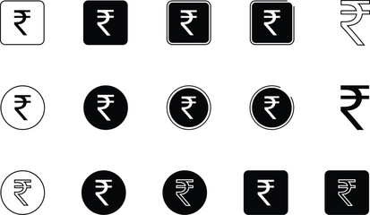 indian rupee currency symbol icon set minimal black white square round coin vector graphic illustration