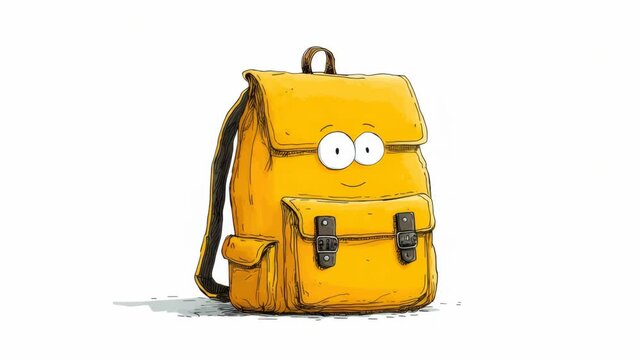 Cheerful yellow backpack with cartoon eyes and smile, hand-drawn sketch style, isolated on white background, concept of fun school gear