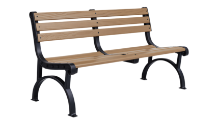 Elegant wooden park bench with ornate black metal frame offers comfortable outdoor seating for public spaces or private gardens
