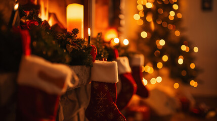 Cozy Christmas stockings hang by the fireplace as warm candles and festive lights glow bright