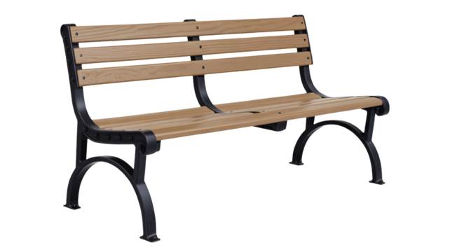 Elegant wooden park bench with ornate black metal frame offers comfortable outdoor seating for public spaces or private gardens