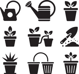Black silhouette icons of gardening tools and potted plants watering can shovel 2
