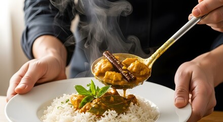 Person serving a delicious hot steaming bowl of Indian chicken curry over white rice.