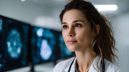 A focused female medical professional analyzes complex brain scans on multiple digital monitors in a modern healthcare setting