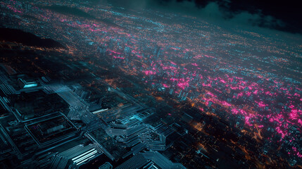 Futuristic neon city at night seen from above with glowing circuits and pink lights across a vast urban landscape