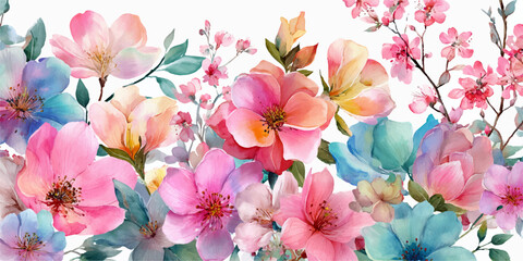 Bright Watercolor Floral Bouquet with Pink, Blue, Purple and Yellow Blossoms Isolated on White Background