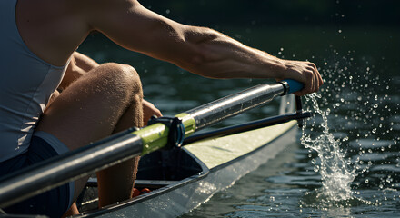 Rowing action, neck down, plain gear, close water and boat detail.
