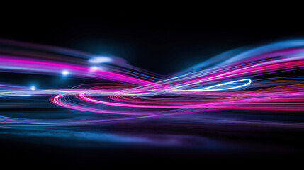 Abstract neon light trails in motion with vibrant pink, blue, and purple swirls across a dark background