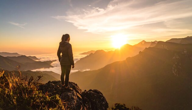 Silhouetted woman atop mountain at sunrise