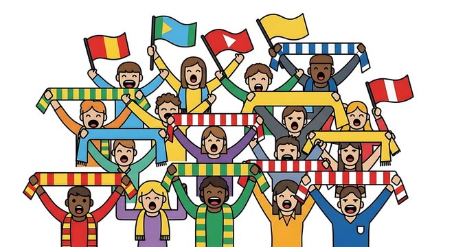 Cartoon illustration of a diverse crowd of soccer fans cheering with flags and scarves