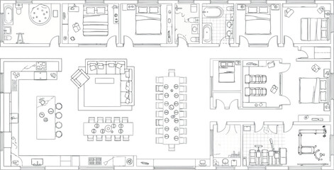 Vector art of architectural floor plan blueprint of a large house with multiple rooms and furniture layout