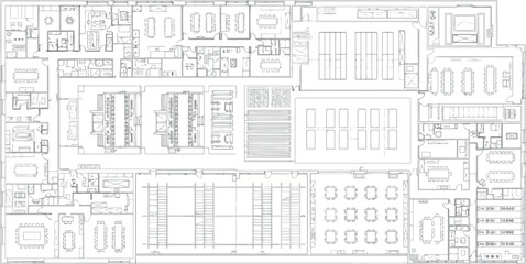 Vector art of detailed architectural floor plan blueprint of a large commercial building with multiple rooms