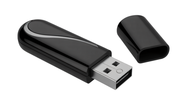 Sleek modern black USB flash drive with silver connector and detached cap, perfect for portable data storage and transfer solutions.