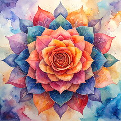 Vibrant watercolor mandala rose with layered petals in warm orange and cool blue tones, calming and radiant floral illustration