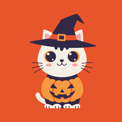 A cute cartoon cat wearing a witch's hat and a pumpkin costume against a bright orange background.