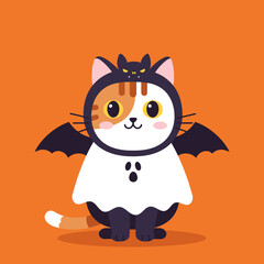 Cartoon cat dressed in a Halloween ghost costume with bat wings and a bat hood ornament, set against an orange background.