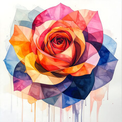 Vibrant multicolor geometric rose watercolor with layered petals and dripping paint, expressive floral artwork evoking joy and creativity