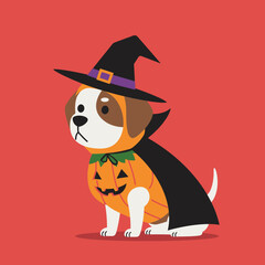 A cartoon dog dressed in a Halloween costume, featuring a pumpkin body, witch hat, and black cape, set against a red background.