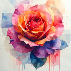 Radiant multicolor rose watercolor blossom with layered petals and soft abstract background evoking warmth and wonder