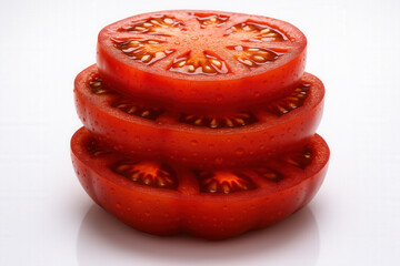 Stacked Juicy Tomato Slices with Droplets on White