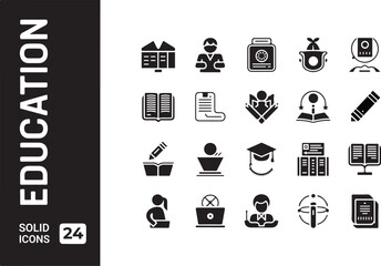 Collection of 24 black solid icons representing education and learning concepts school university