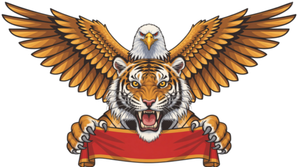 Majestic eagle and tiger emblem holding a vibrant banner symbolizing power, courage, and leadership for impactful branding.