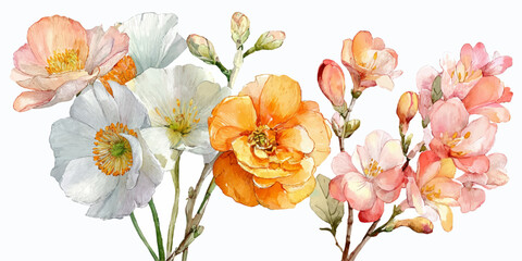 Watercolor Botanical Blossoms for Scrapbooking, Stationery and Creative Craft Design
