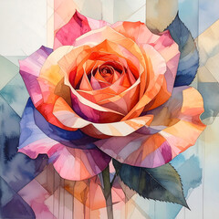 Vibrant rose multicolor rose watercolor rose close up flower romantic bloom garden flower petal texture natural stem green leaf