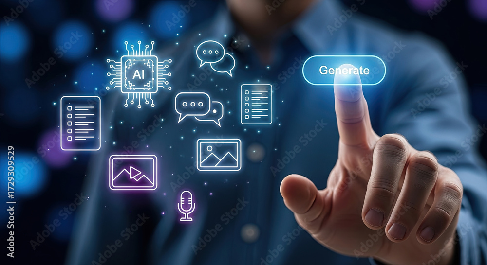 Wall mural ai content generation concept: man interacting with digital interface for automated text, image, and