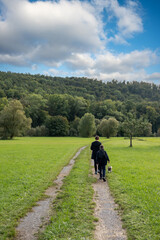 Obraz premium Two people and a small dog walk on a winding path through a grassy field.
