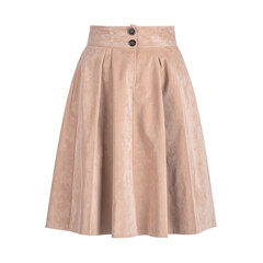 A stylish, elegant, and fashionable beige-colored pleated skirt is isolated on a black background, showcasing a high-waisted design with two decorative buttons, a design perfect for modern wardrobe...