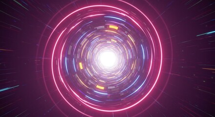 Abstract digital tunnel with glowing neon lights and radial design