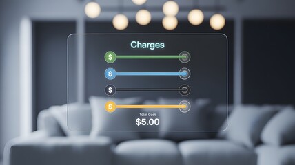 Futuristic transparent digital display with customizable charge sliders, a financial services, expense management, and cost breakdown on a modern tech interface.