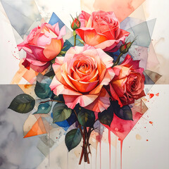 Vibrant pink and orange rose bouquet with green leaves and geometric watercolor background conveying romantic warmth and gentle joy