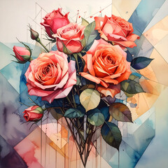 Vibrant rose bouquet pink rose orange rose floral arrangement watercolor flower bouquet still life green leaf rose bud stem romantic mood