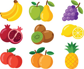 Collection of colorful cartoon fruits including bananas apples pears grapes pomegranates kiwis 2