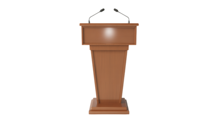 Elegant wooden podium with microphones ready for a professional presentation or important speech, projecting authority and clarity.