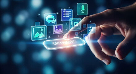 AI-Powered Content Creation: Finger Tapping "Generate" Button for Automated Digital Media with Icons for Microstock and Commercial Use