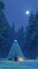 A mystical, cone-shaped dwelling nestled within a tranquil forest at night, bathed in soft moonlight.