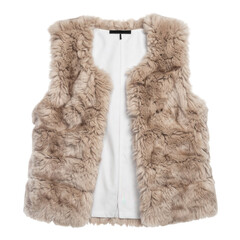 The luxurious vest showcases a fluffy exterior with a plush, textured design and natural color palette, creating a comfortable and cozy feeling, with a contrasting smooth white inner lining.