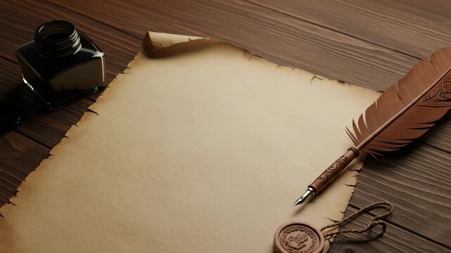 Still life of a parchment paper with a brown feather quill and an inkwell on a wooden surface table