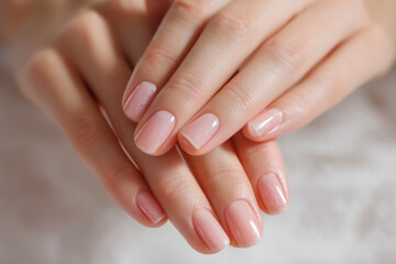 Fototapeta premium Close-up of elegant manicured hands with soft pink polished nails, showcasing refined beauty and delicate skin tones.