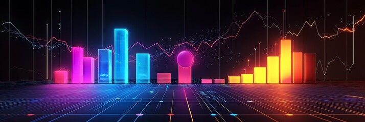 Illuminating Financial Dynamics: An abstract illustration of a dynamic financial landscape, rendered in vibrant neon colors, showcasing fluctuating charts, illuminating data visualization.