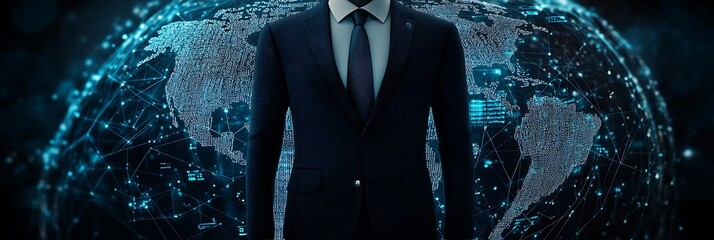 Global Network: An authoritative individual stands confidently, impeccably dressed in a suit, against a backdrop of a luminous digital globe.