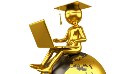 Golden graduate student with laptop sits atop world globe symbolizing global education and digital learning opportunities