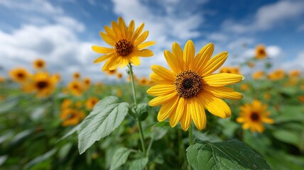 Obraz premium field of sunflowers shot from ground level, giant blooms towering overhead against a deep blue sky