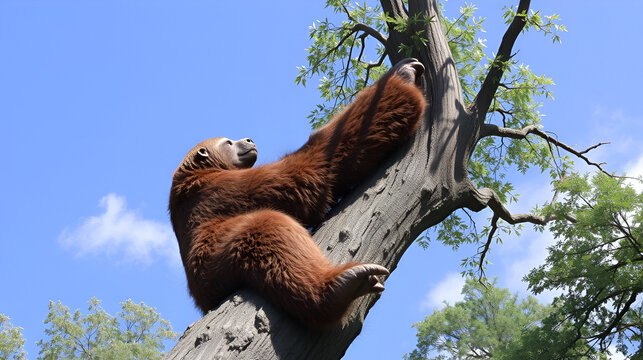 A giant ground sloth climbing a tree for food --ar 16:9 --v 6.1 Job ID: 6e791886-1929-4523-927d-e8394f14d49f