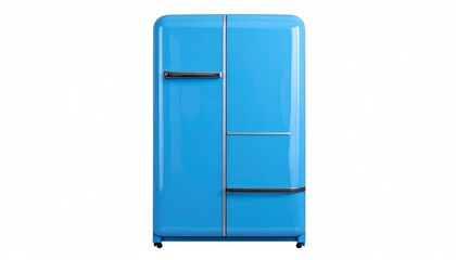 retro blue refrigerator, glossy finish, chrome handles, vintage kitchen appliance, top view