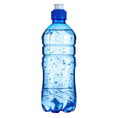 Clear, translucent, plastic water bottle, featuring a blue cap and body, filled with clean, bubbly liquid, presented against a stark black background, offering a refreshing and hydrating visual.