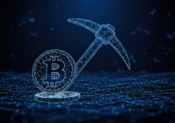 Bitcoin Mining Concept with Pickaxe and Cryptocurrency